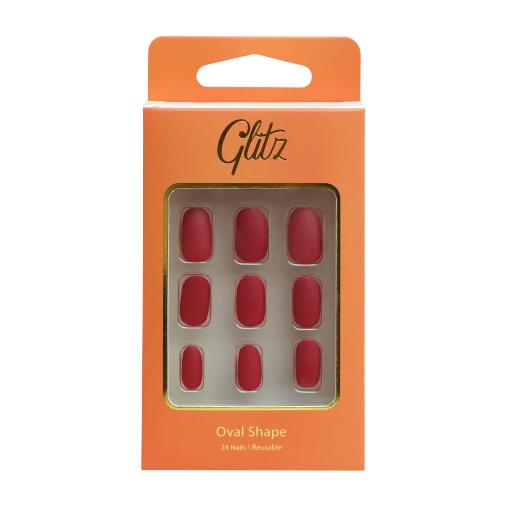 64472973_1760866806_6528ece2c0bdfc5547f4b4b7ab0b8e2f أظافر صناعية لصق ذاتي عنابي غامق مطفي شكل أوفال (5) من جليتز - الصورة 1